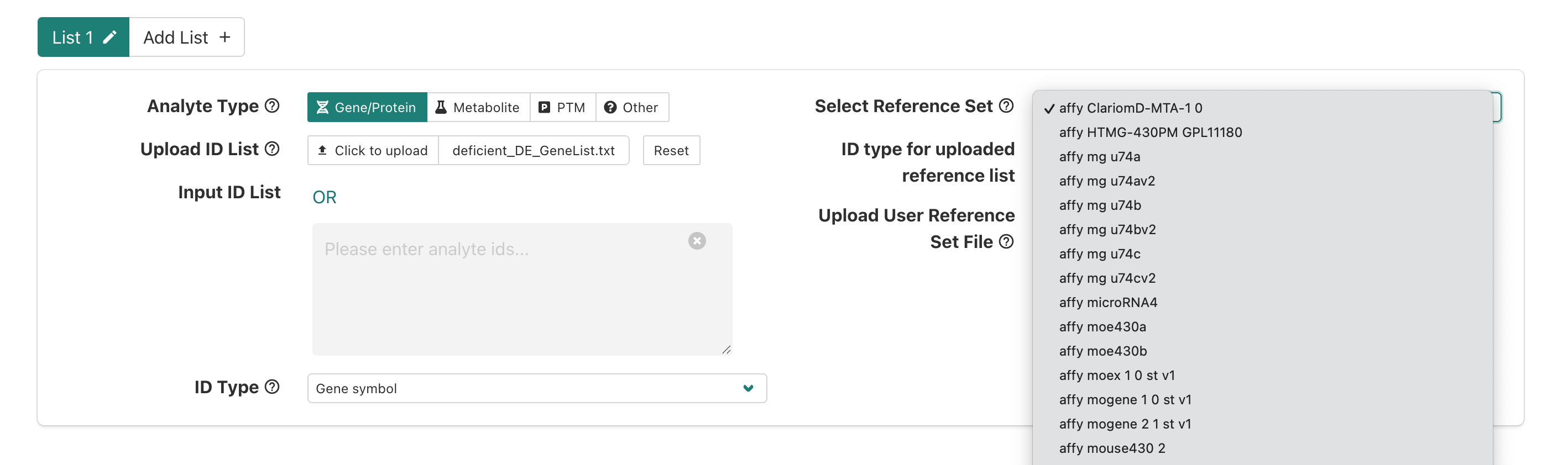 WebGestalt submit data for ORA