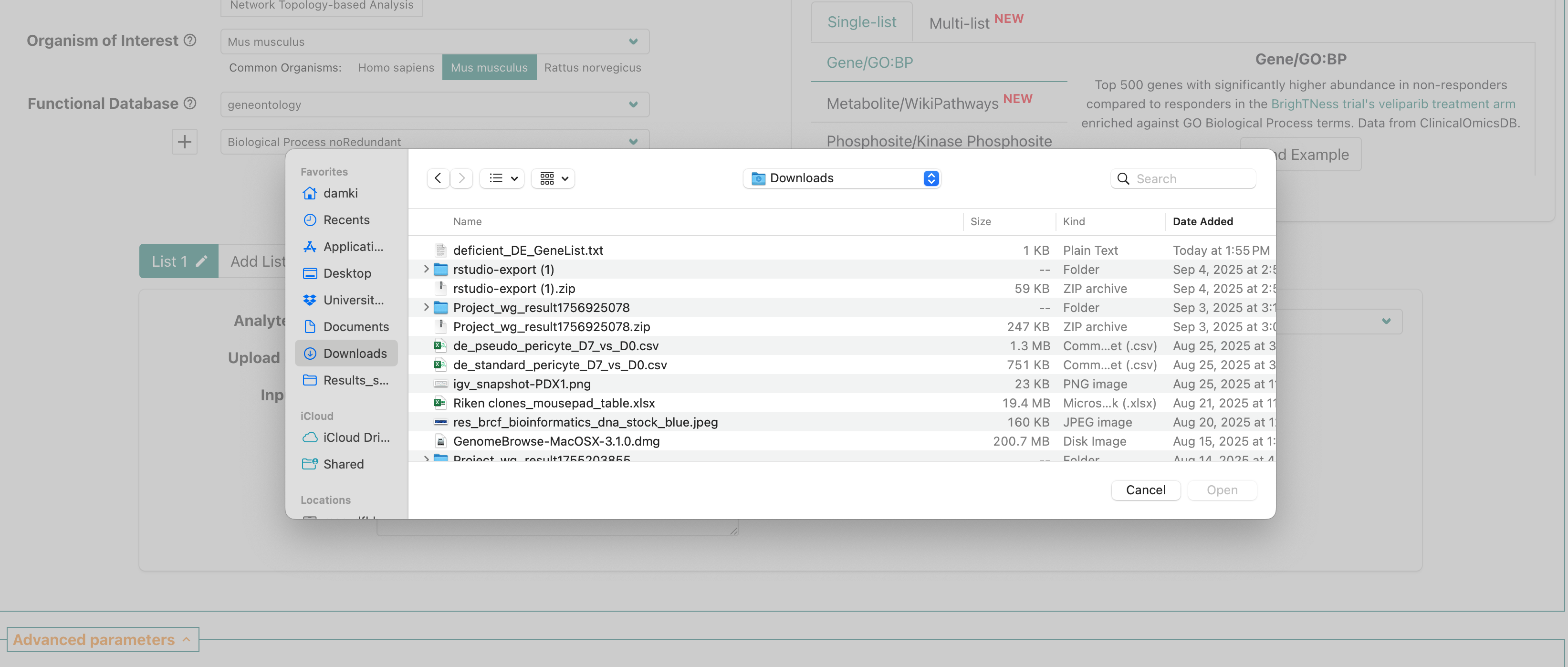 WebGestalt submit data for ORA