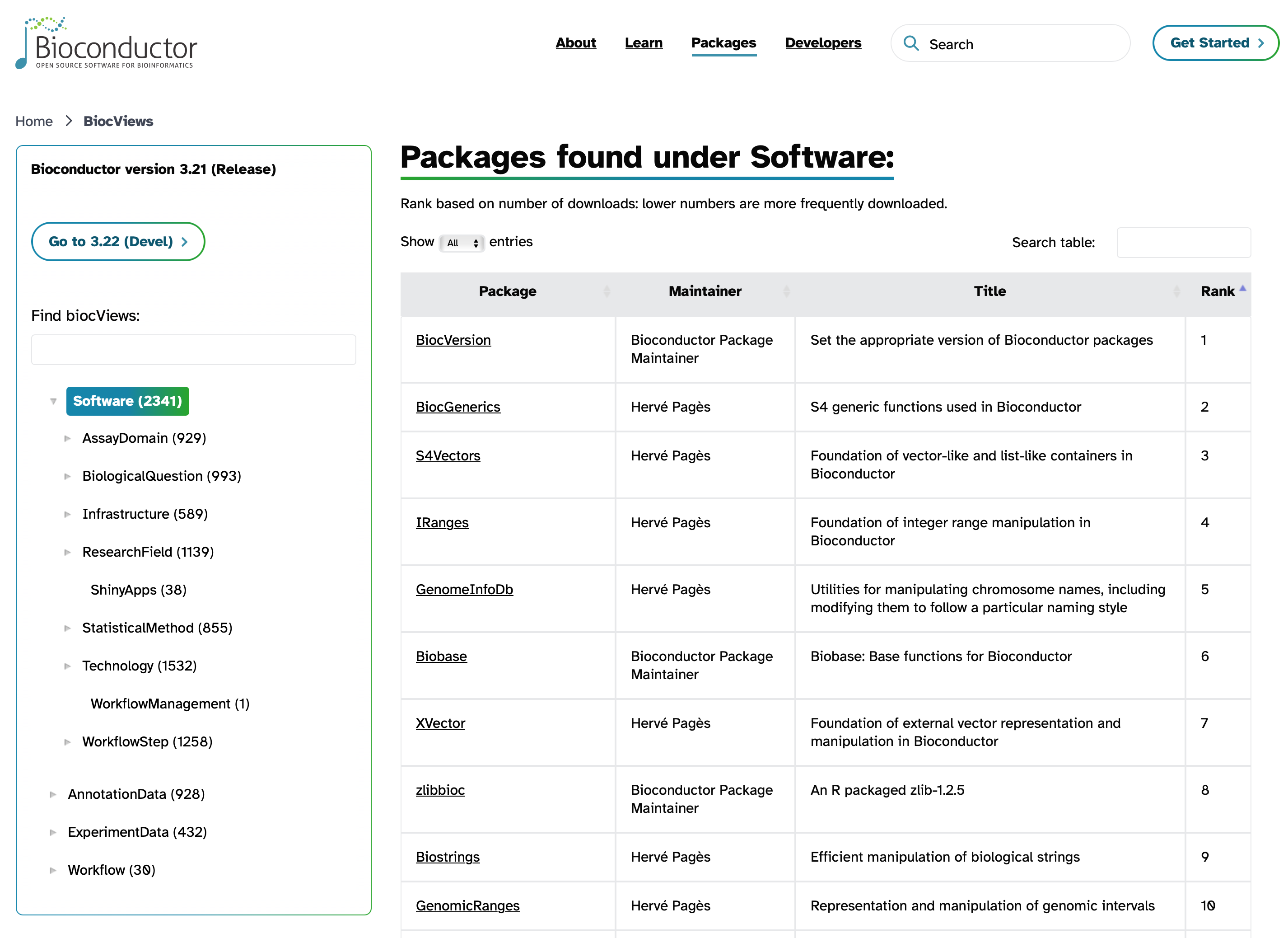 screenshot of bioconductor search