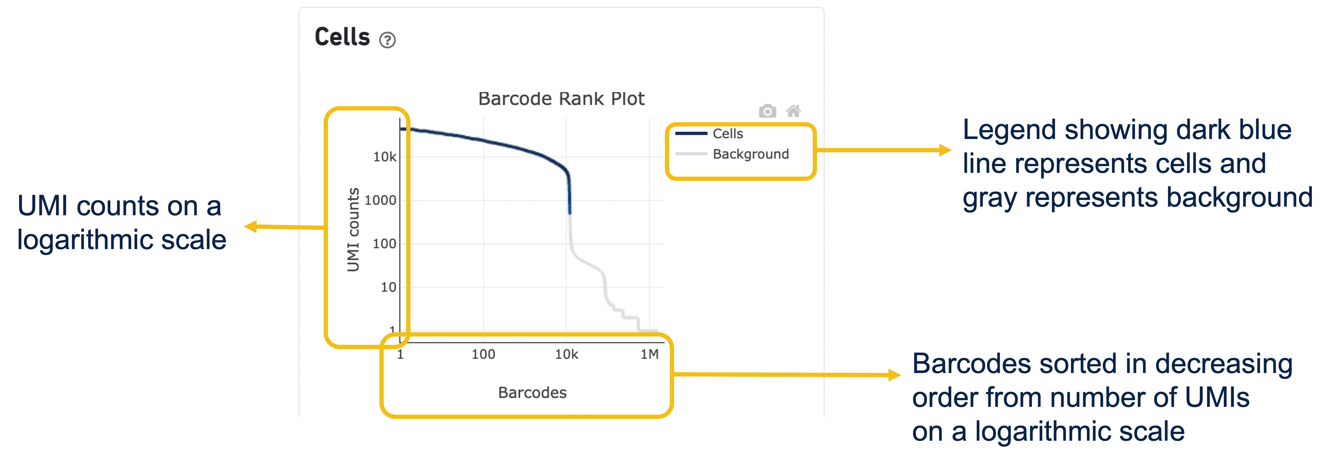 The y-axis is the number of UMI counts mapped to each barcode and the x-axis is the number of barcodes below that value.